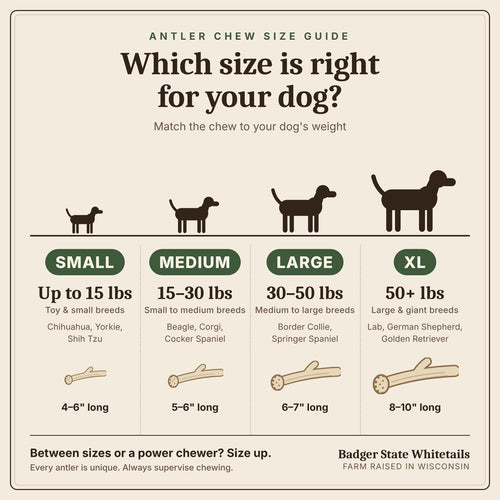 Antler chew size guide: Small, Medium, Large and XL by dog weight